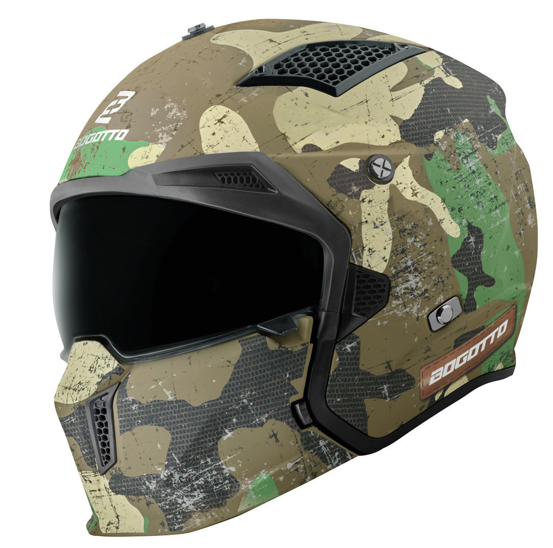 Casque Moto Bogotto V280 Camo Flip-Up - Visière Solaire Intégrée, Confort Été Exceptionnel