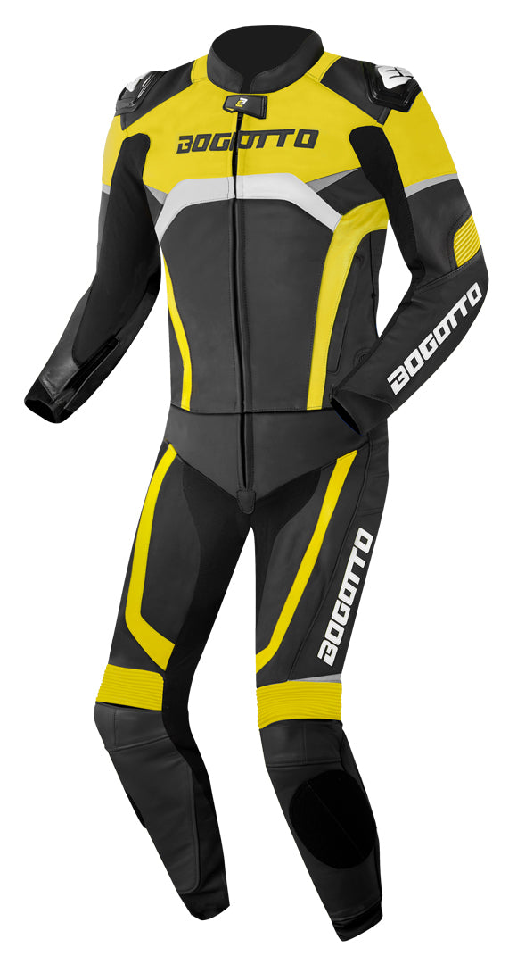 Bogotto Misano Two Piece Motorcycle Leather Suit#color_black-white-neon-yellow