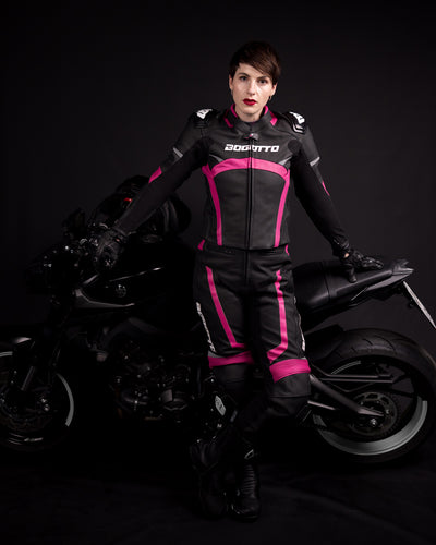 Bogotto Misano Two Piece Ladies Motorcycle Leather Suit#color_black-fuchsia